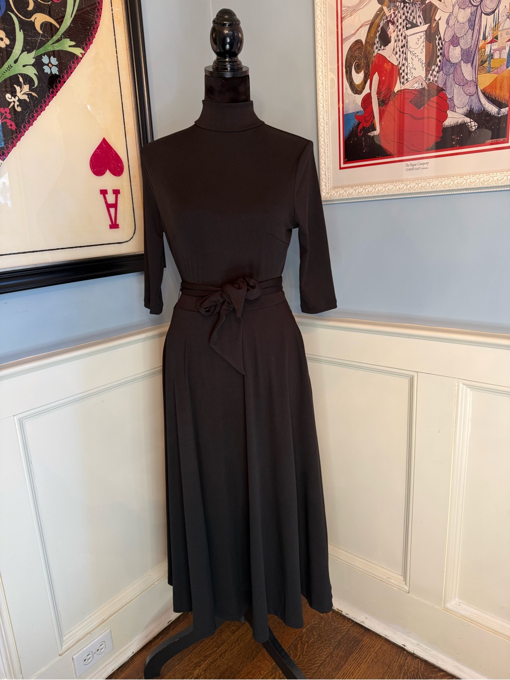 Unique Vintage 1950s Black Turtleneck Midi Dress M/6-8